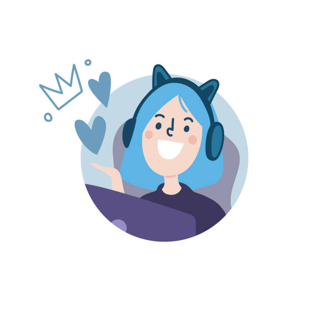 Girl Video gamer or streamer with blue hair sitting at PC and laughing. Flat style, blue and purple colors, design element. Girl Video gamer or streamer with blue hair sitting at PC and laughing. Flat style, blue and purple colors, design element. clip art of a teen webcam stock illustrations