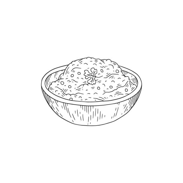 Hummus in bowl traditional middle east dip or snack, sketch vector illustration isolated on white background. Hummus in bowl traditional middle east dip or snack, sketch vector illustration isolated on white background. Hand drawn monochrome healthy dish from chickpea, garlic and tahini. kosher starter recipes stock illustrations