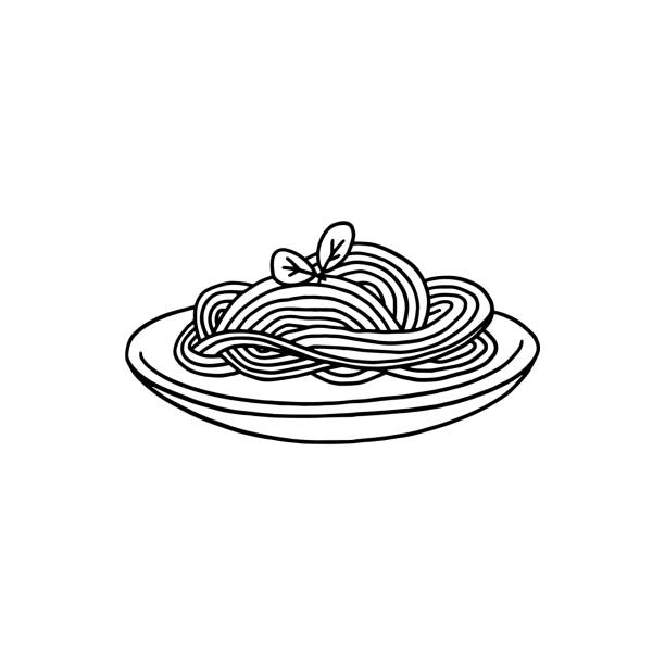 Italian spaghetti pasta in black outlines doodle style, vector illustration isolated on white background. Italian spaghetti pasta in black outlines doodle style, vector illustration isolated on white background. Hand drawn noodles on plate, food dish for cafe or restaurant menu design. spaghetti stock illustrations