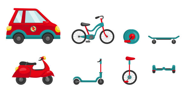 illustrations, cliparts, dessins animés et icônes de ensemble de différents types d’illustrations vectorielles de transport personnel - unicycling