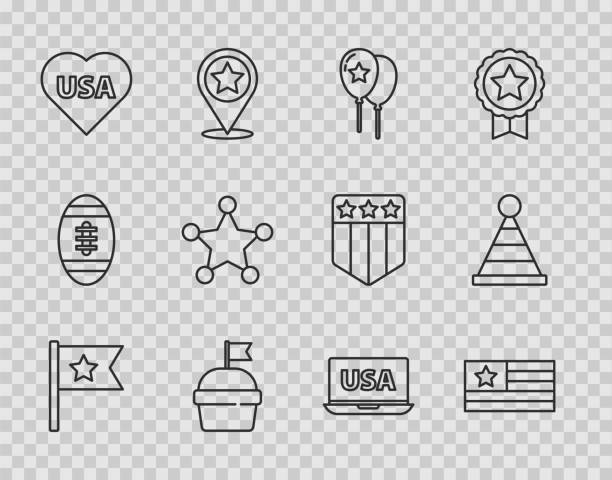 illustrations, cliparts, dessins animés et icônes de réglez le drapeau américain, les ballons, le gâteau, le jour de l’indépendance des états-unis, le shérif hexagram, l’ordinateur portable et l’icône du chapeau du parti. vecteur - cake symbol icon set computer icon