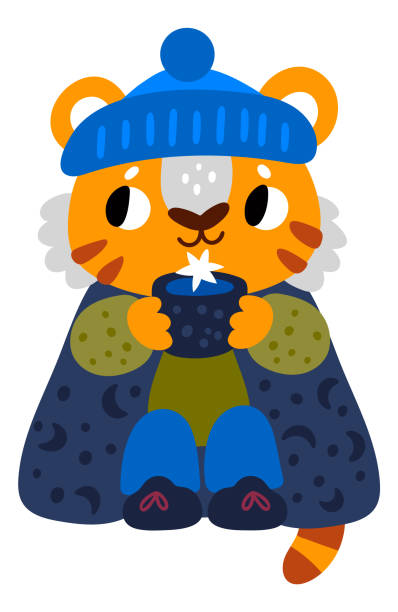 istock Cute tiger in warm clothes with hot coffee cup. Winter cold symbol 1359186058