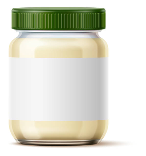 istock Mayonnaise jar mockup. Realistic sauce in glass with blank label 1359186109