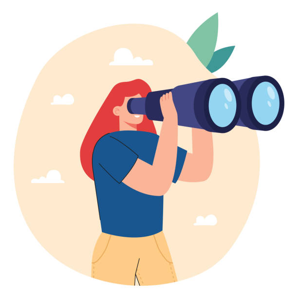 мультяшная женщина смотрит далеко вперед с помощью большого бинокля - women binoculars searching looking stock illustrations
