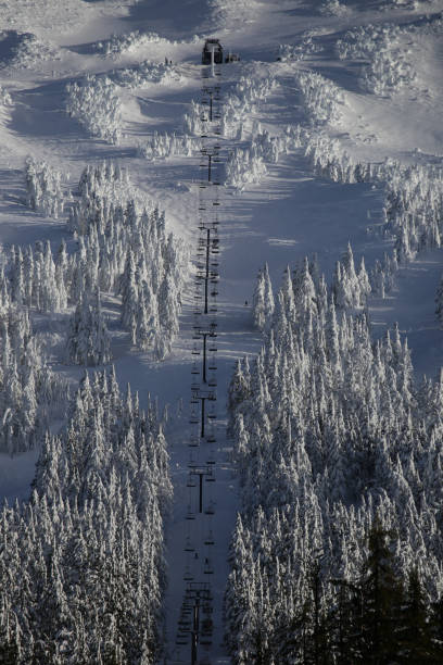 Alpine skiing at Mt Bachelor ski resort in Bend, Oregon stock photo