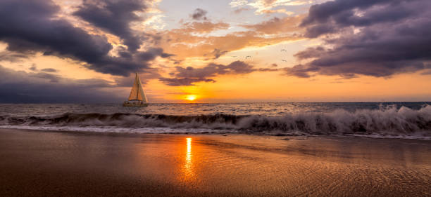 istock Sunset Ocean Seascape Sailboat Silhouette 1359189568