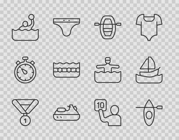 ilustrações, clipart, desenhos animados e ícones de set line medal, caiaque e remo, barco com remos, jet ski, polo aquático, piscina, avaliação dos juízes e ícone veleiro de iate. vetor - water polo swimming symbol computer icon