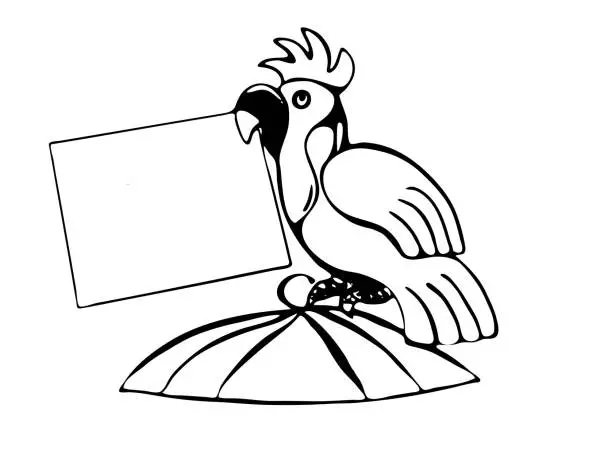 Vector illustration of Parrot sits on top of the cage and holds a blank sheet of paper in its beak.