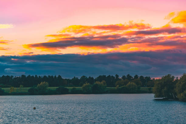 Sunset on the lake in the autumn