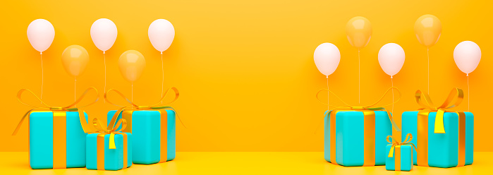 Horizontal web banner with gift boxes and air  balls on yellow background. 3D rendering.