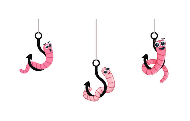 ilustrações de stock, clip art, desenhos animados e ícones de set cartoon worm on a hook. emotion horror. vector illustration - worm cartoon fishing bait fishing hook