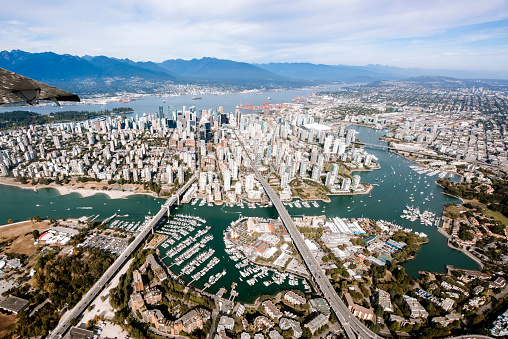 Airplane view of downtown Vancouver Canada. Top travel destinations in Canada. Real estate in Vancouver, BC.