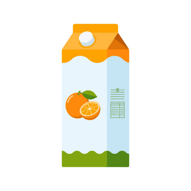 オレンジジュースとカートンボックス。ロゴ、メニュー、エンブレム、テンプレート、ステッカー、プリント、食品パッケージのデザインと装飾のためのシトラスドリンクアイコン。フラッ� - packaging horizontal non alcoholic beverage orange juice点のイラスト素材／クリップアート素材／マンガ素材／アイコン素材