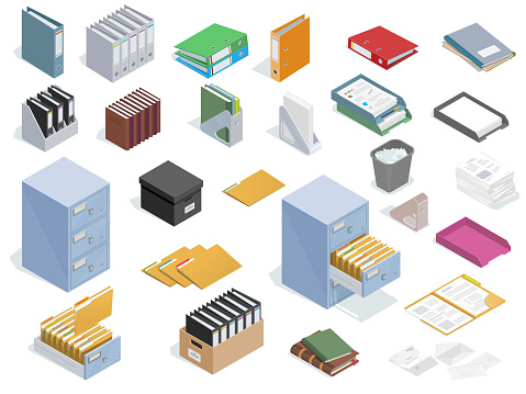 Isometric office equipment  set for paperwork and archival data storage. Office stationery.
Filing cabinet. Binder folders, books, registration journals.