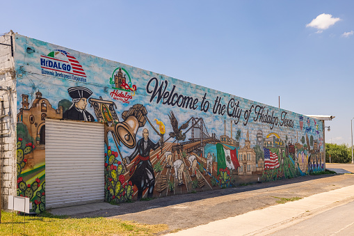 Hidalgo, Texas, USA - September 11, 2021: Mural Welcoming  visitors to the City of Hidalgo