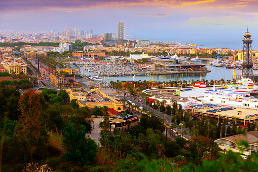 Aerial view of Barcelona on Mediterranean coast with seaport in evening