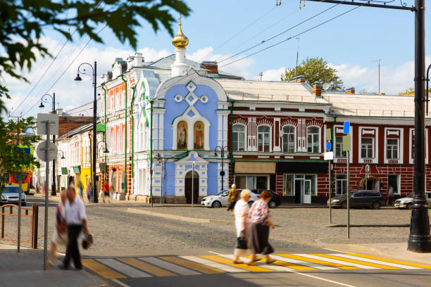 Krestovaya Street, central street of Rybinsk city Old buildings on Krestovaya Street, main street of Rybinsk, Russia golden ring of russia photos stock pictures, royalty-free photos & images