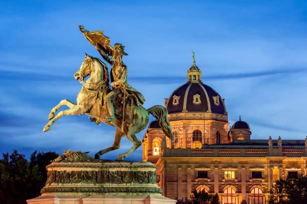 Statue of Archduke Charles and Museum of Natural History dome at sunset, Vienna, Austria Vienna, Austria - October 2021: Statue of Archduke Charles and Museum of Natural History dome at sunset heldenplatz stock pictures, royalty-free photos & images