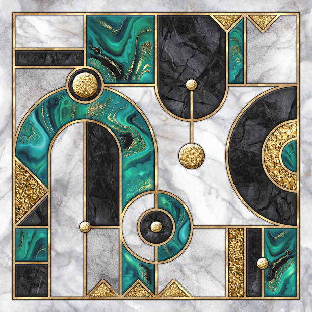 istock abstract geometric background with marble mosaic inlay. Mixed tiles with artificial stone textures and shiny metallic foil. Malachite green art deco pattern. Black white gold decorative wallpaper 1359206771