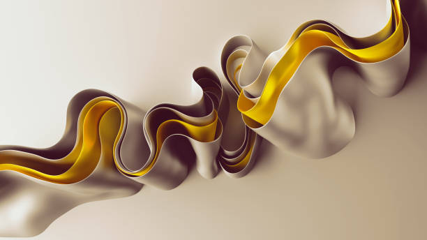 istock 3d render, abstract fashion background with golden wavy ribbons, folded cloth macro 1359206817
