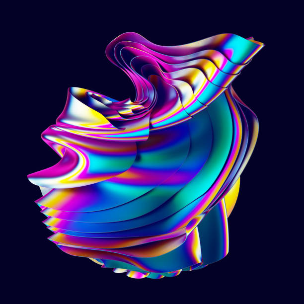 istock 3d render, abstract holographic foil, modern wavy shape with layers and folds isolated on black background, colorful wallpaper 1359206943