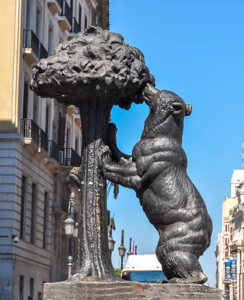 Madrid, Spain - June 2019: Statue of Bear and Strawberry Tree on Puerta del Sol square in Madrid