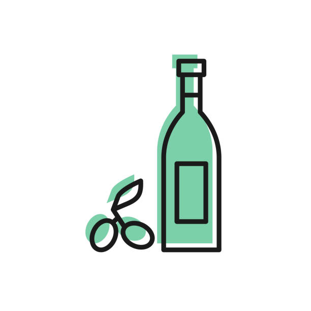 ilustraciones, imágenes clip art, dibujos animados e iconos de stock de línea negra icono botella de aceite de oliva aislada sobre fondo blanco. jarra con icono de aceite de oliva. vector - aceite de oliva