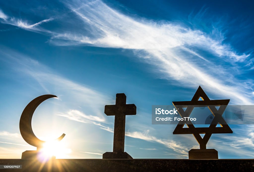 the three symbols of Judaism, Christianity and Islam the three symbols of Judaism, Christianity and Islam - photo Christianity Stock Photo