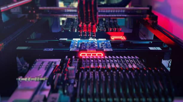 istock Digital technologies for automation of industry: neon lights illuminate on Chip Components 1359211876