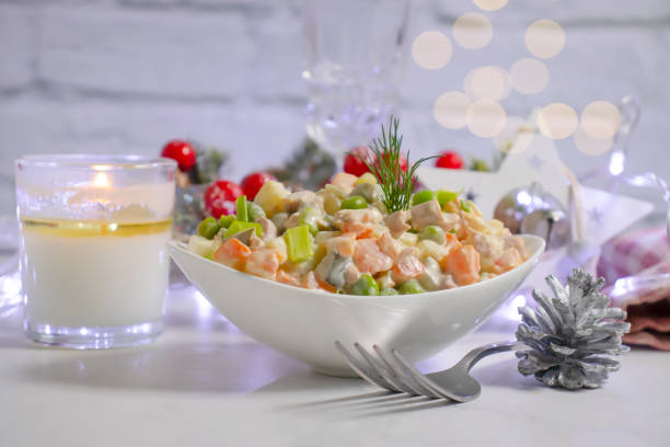 istock festive salad olivier, christmas background restaurant refreshment 1359215959