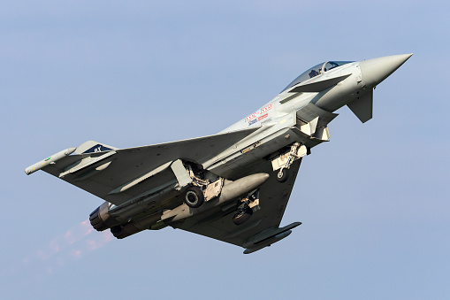 Payerne, Switzerland - September 6, 2014: Royal Air Force (RAF) Eurofighter EF-2000 Typhoon FGR.4 ZK343 from No.29(R) Squadron departing Payerne Airport.