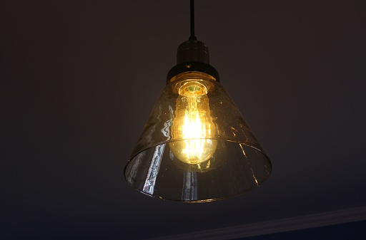 Close-up of incandescent light bulbs hanging in the dark room.  Decorative antique edison light bulbs with straight wire.