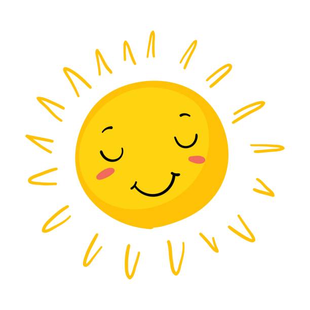 illustrations, cliparts, dessins animés et icônes de drôle de soleil aux yeux. sunshine mignon logo d’été. émotion de lumière printanière, vecteur griffonnage isolé sur fond blanc. - sunset vacations orange glowing