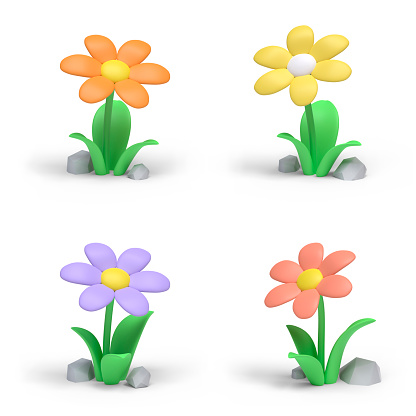 Set of four cartoon flowers on a white background. 3D image