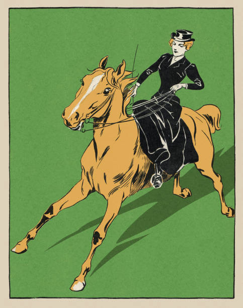 緑のフィールドアールヌーボー1896に馬に乗って貴族の女性 - women victorian style retro revival art nouveau点のイラスト素材／クリップアート素材／マンガ素材／アイコン素材