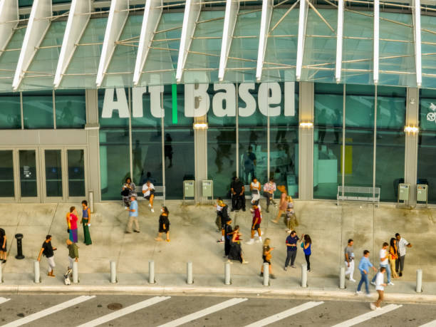 Aerial photo people walking by the Art Basel Miami Beach stock photo