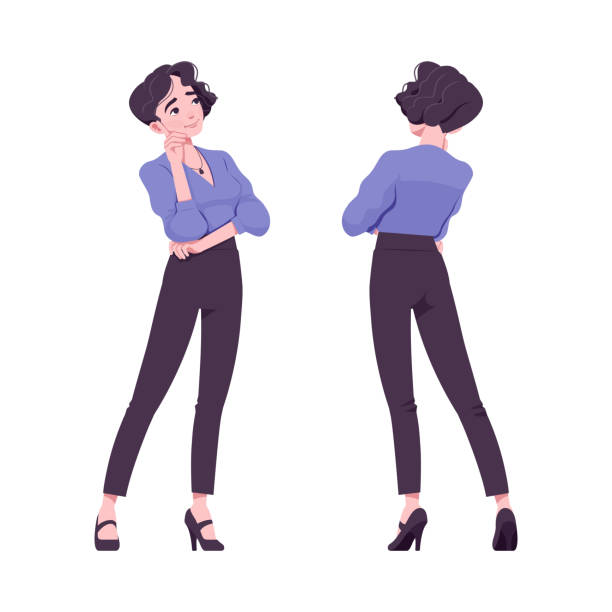 stockillustraties, clipart, cartoons en iconen met office girl, modern woman standing in pensive pose - kort haar