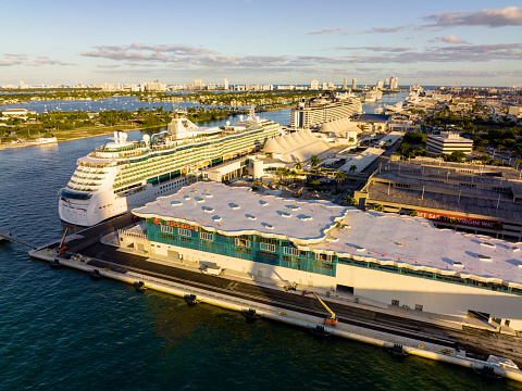 Miami, FL, USA - December 4, 2021: Virgin Voyages Terminal H under construction at Port Miami cruise ship