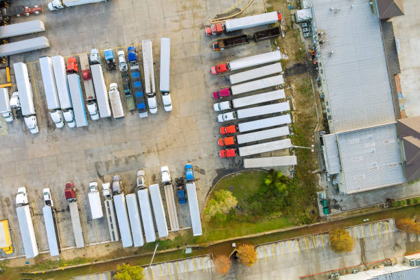 istock Top view car parking truck stop on rest area 1359224734