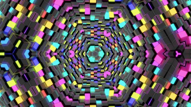 istock 3d render. Abstract background with symmetrical structures like kaleidoscope with lighting bulbs, multicolor neon lights. Geometric dark background with 3d objects 1359224798