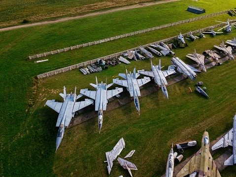 Aerial view of military aircrafts in the airfield.