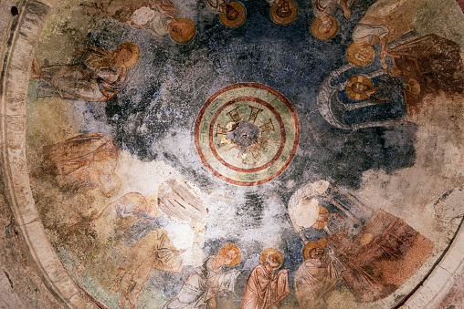 Frescoes with the faces of saints on the ceiling of the Church of St. Nicholas. Myra (Demre), Turkey.