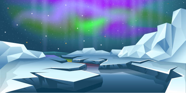 illustrazioni stock, clip art, cartoni animati e icone di tendenza di paesaggio invernale di ghiaccio artico, colline di montagne innevate. notte polare con l'aurora boreale - iceberg ice mountain arctic
