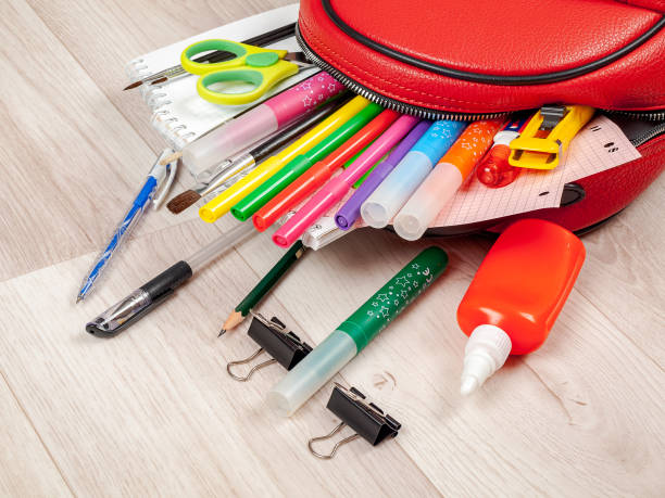 istock Pens pencils markers scissors and other accessories for writing and studying, on the background of a school backpack, new school 1359228376