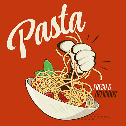 funny vector illustration of italian pasta with cartoon hand coming out
