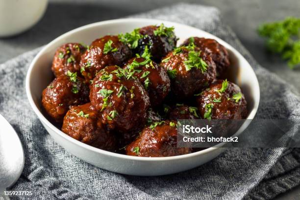 Homemade Barbecue Crockpot Meatballs Stock Photo - Download Image Now - Crock Pot, Meatball, Roasted