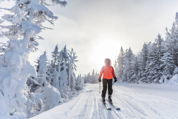 スキー。ヘルメット、クールなスキーゴーグル、ハードシェルの冬のジャケットとスキーグローブを身に着けてスキーに行くスキー女性アルペンスキーヤー。スキーコースの斜面で雪に覆わ� - sports helmet powder snow ski goggles skiing ストックフォトと画像
