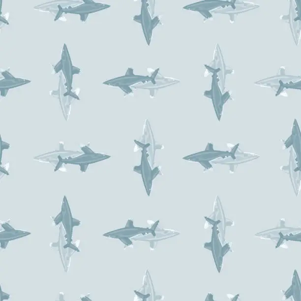 Vector illustration of Oceanic whitetip shark seamless pattern in scandinavian style. Marine animals background. Vector illustration for children funny textile.