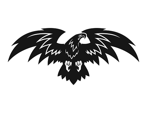 Soaring eagle with spread wings - monochrome cut out silhouette