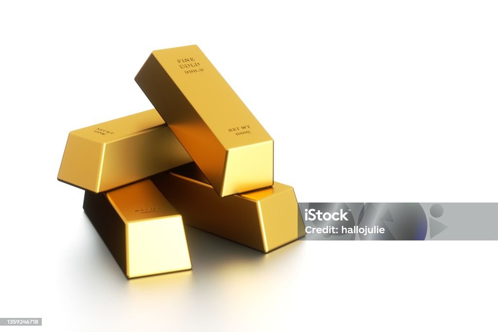 Gold ingot isolated on a white background. 3d rendering. Ingot, Gold - Metal, Gold Colored, Bar - Drink Establishment, Cut Out Ingot Stock Photo